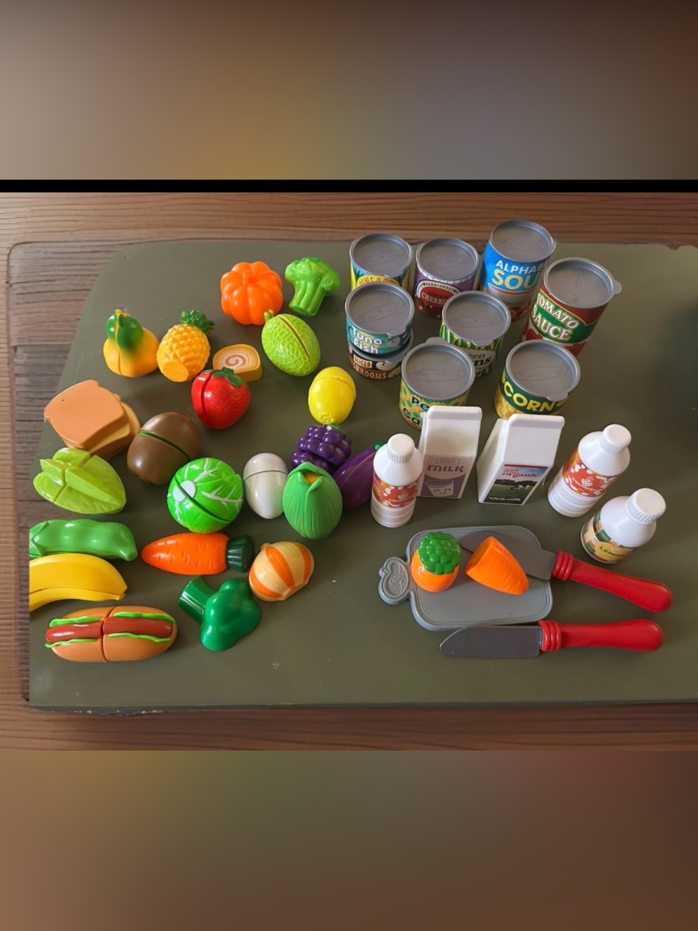 Pretend Play Plastic Food: Fruits Veggies Cans Milk & Cutting Board Kitchen Toys